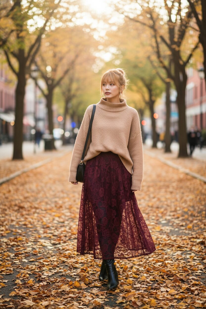 透け感のある深いバーガンディ色のロングレーススカートの下に黒のレザーパンツを重ね着し、秋の街角を歩く日本人女性。