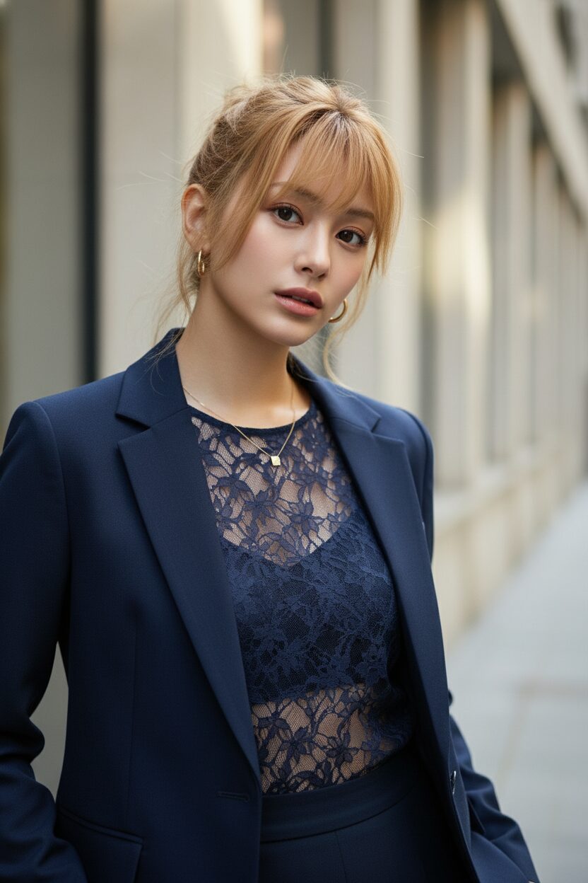 仕立ての良いネイビーのブレザーの下に同色の透け感のあるレーストップスを着用し、鎖骨が上品に覗いている日本人女性。