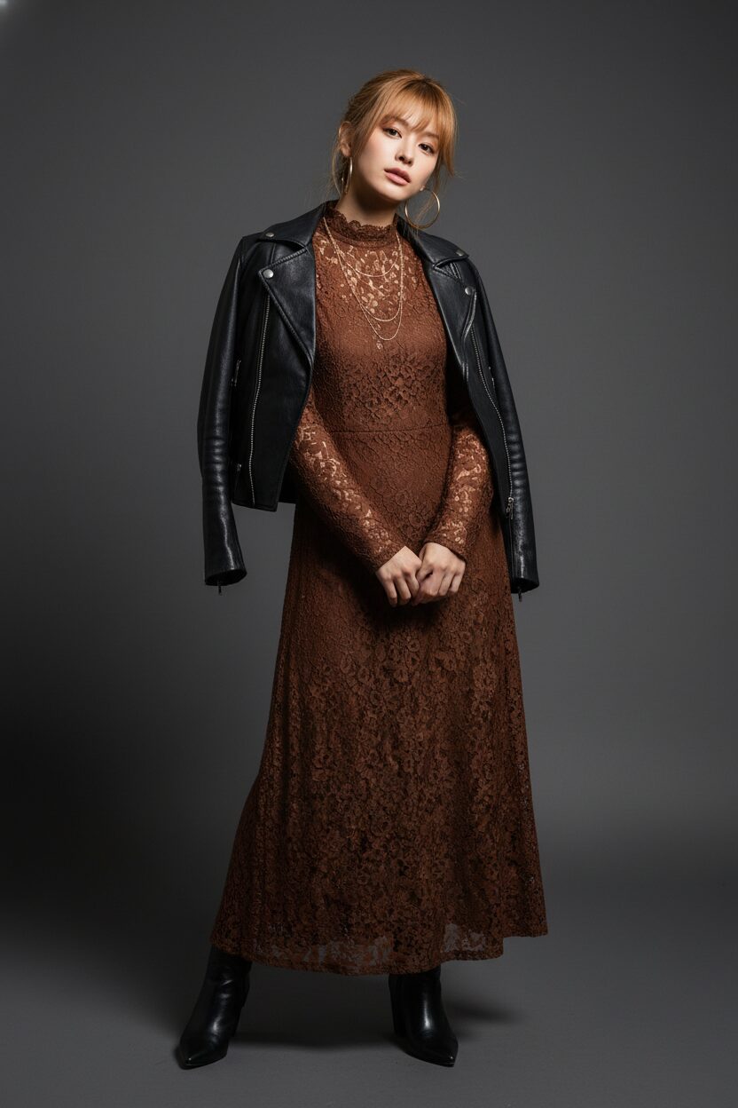 暗いスタジオ背景で、チョコレートブラウンの長袖レースワンピースに黒のライダースジャケットを肩掛けした日本人女性。