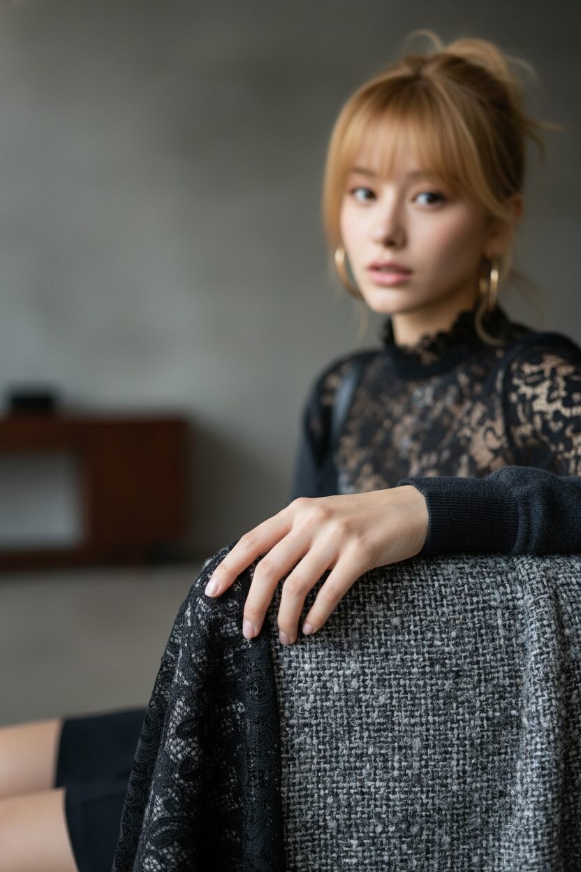 繊細な黒のシャンティリーレースと、厚手でざっくりとしたグレーのツイード生地の組み合わせ。