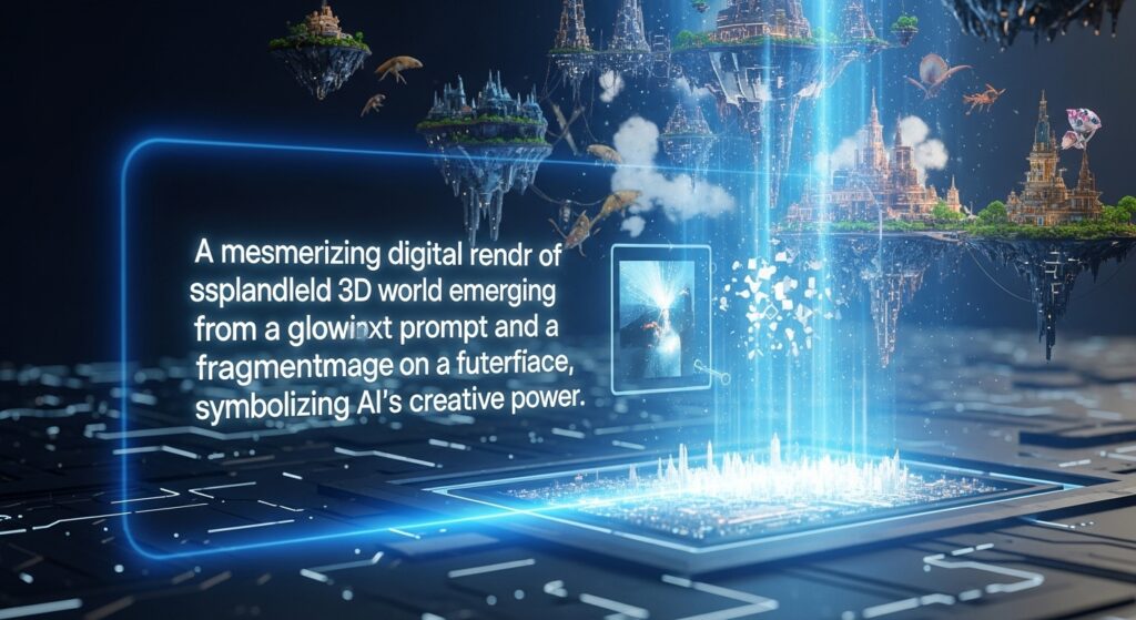 テキストや画像から生成された、細部まで作り込まれた幻想的な3D世界が広がる様子。未来的なインターフェースが手前に表示されている。