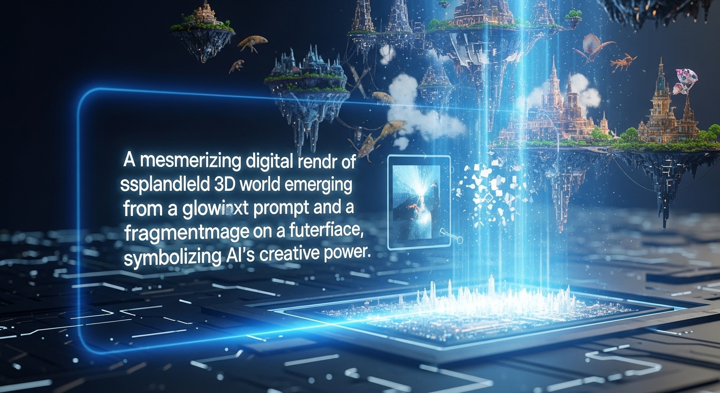 テキストや画像から生成された、細部まで作り込まれた幻想的な3D世界が広がる様子。未来的なインターフェースが手前に表示されている。