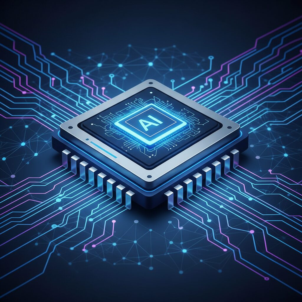 青い光を放つ洗練された未来的なAIプロセッサチップ。Kimi K2 Thinkingの高度なアーキテクチャと効率性を表現している。