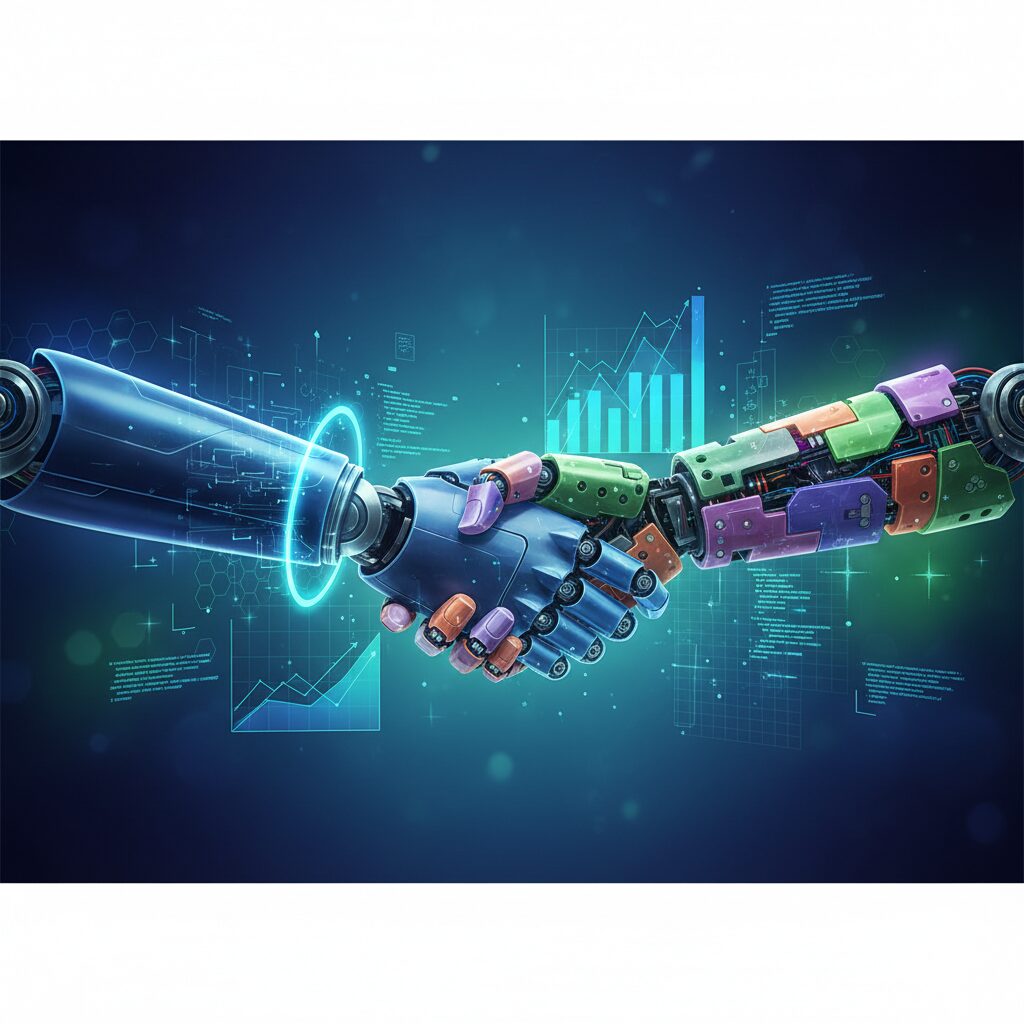 Moonshot AIとグローバルなオープンソースAIコミュニティをそれぞれ象徴する2つのロボットの手が握手している。