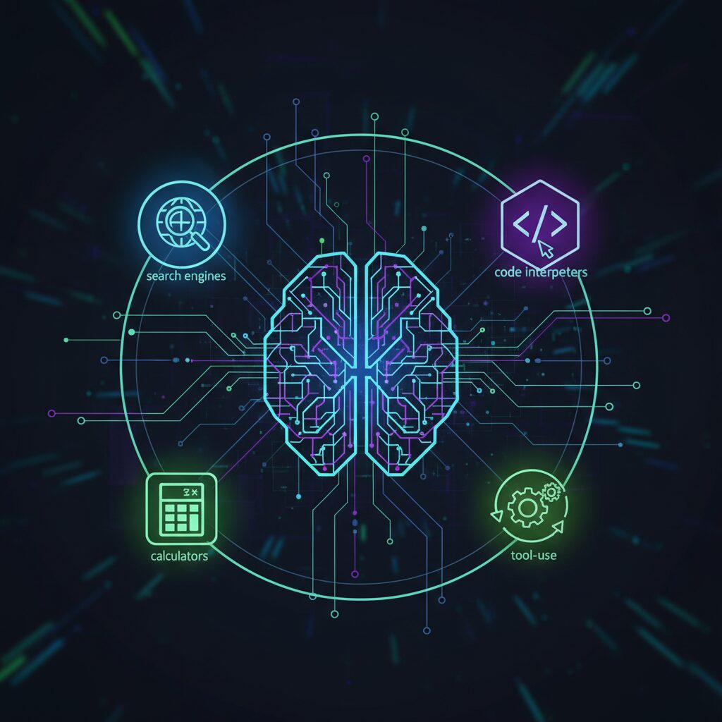 光るノードを持つ複雑なデジタル脳。Kimi K2 Thinkingの深い推論と多段階ツール利用能力を示している。