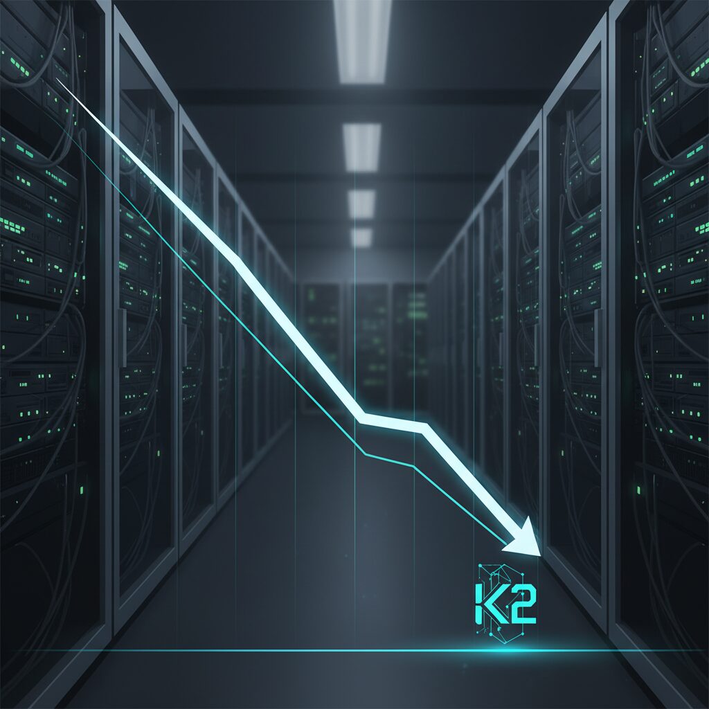 AI推論コストが急激に下降するグラフで、最も低い位置にKimi K2 Thinkingのロゴが目立つように表示されている。