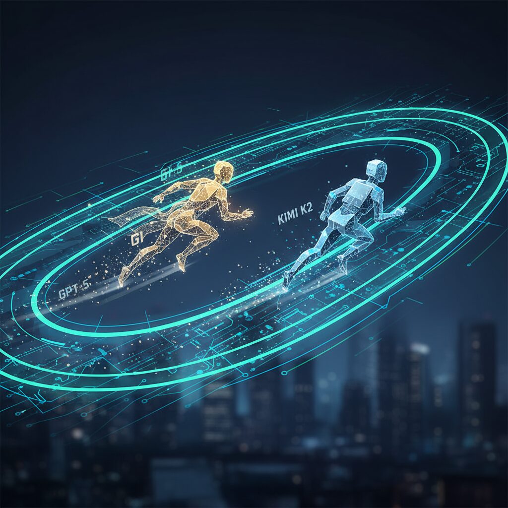 AIモデルが競い合うレーストラックの抽象的な表現。Kimi K2 ThinkingがGPT-5よりわずかに先行している。