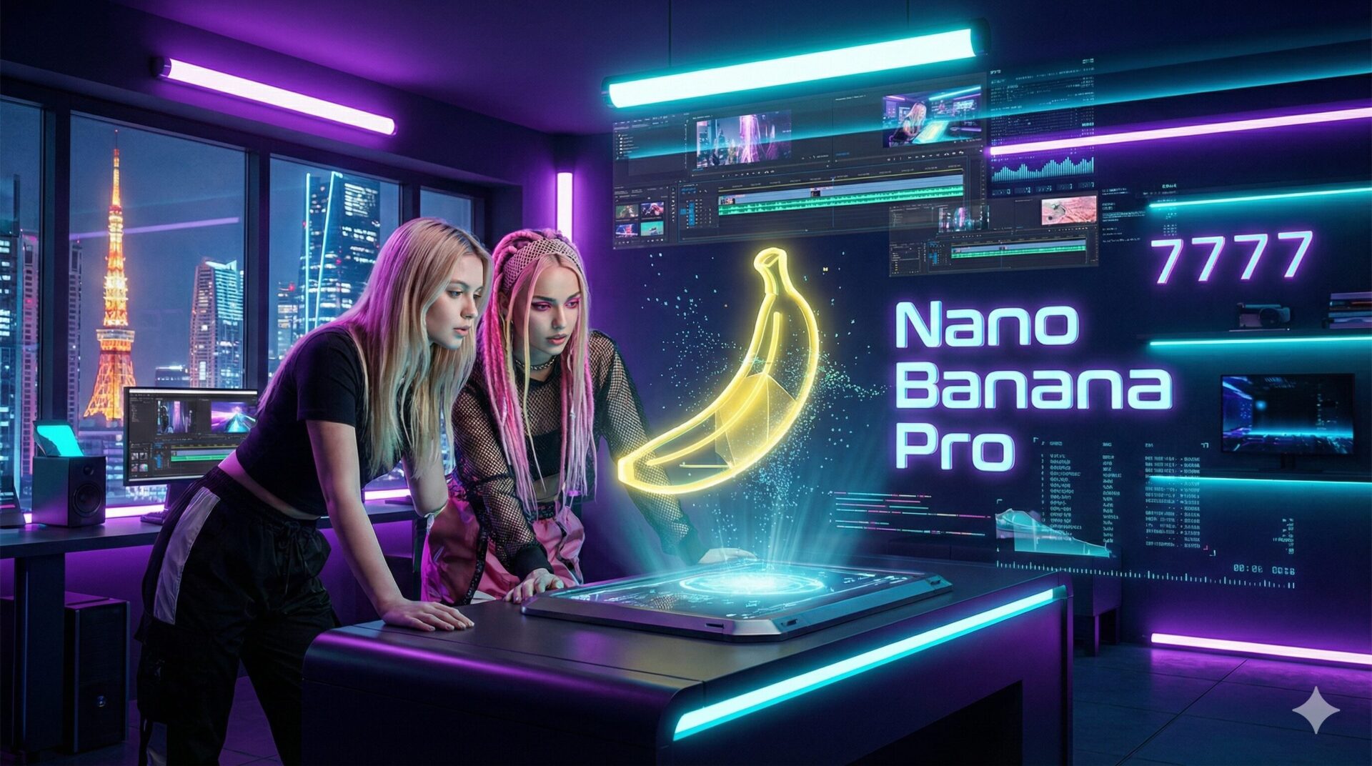 最新AI「Nano Banana Pro (Gemini 3)」を使って新曲『7777』のMVを制作しているイメージ。サイバーパンクなスタジオでホログラムのバナナアイコンを見つめる2人の女性クリエイター