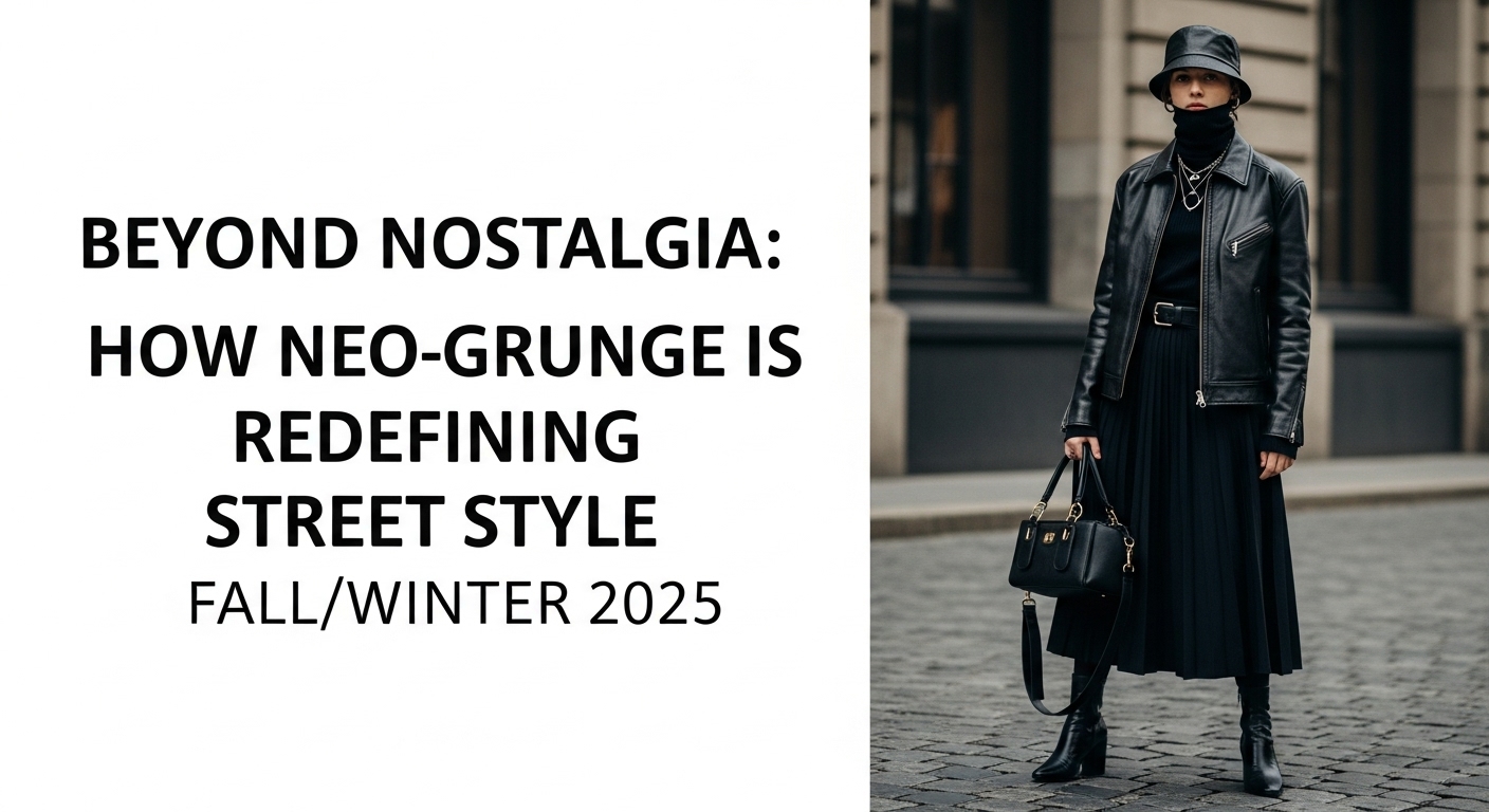 ダメージ加工のニットとチェック柄のスカートをレイヤードし、厚底ブーツを合わせたネオグランジスタイルの女性が、都会の路地裏に立つ姿。