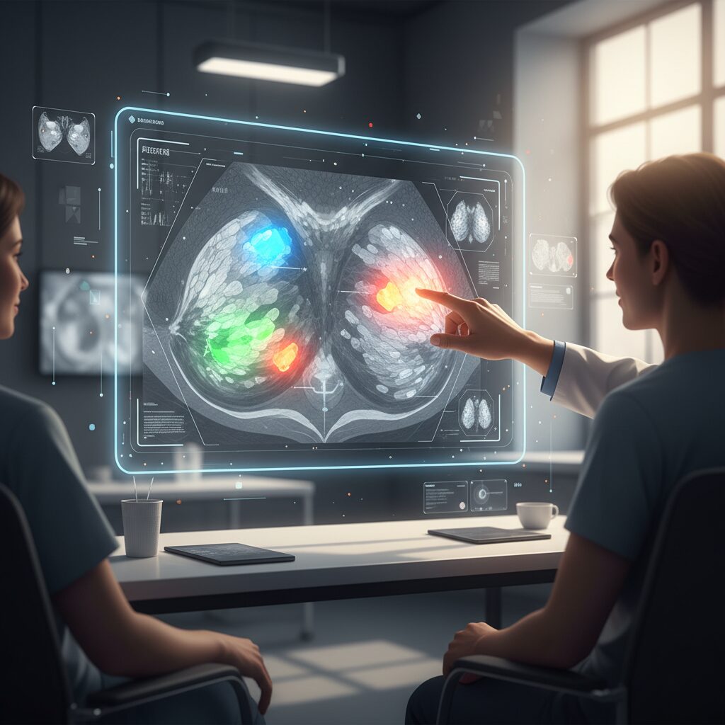 高解像度の乳房組織スキャンと、AI分析によって疑わしい領域が明るい色で強調表示されたデジタル医療スクリーン。医師が患者に画面を指し示しながら説明しており、希望に満ちた先進的な雰囲気。