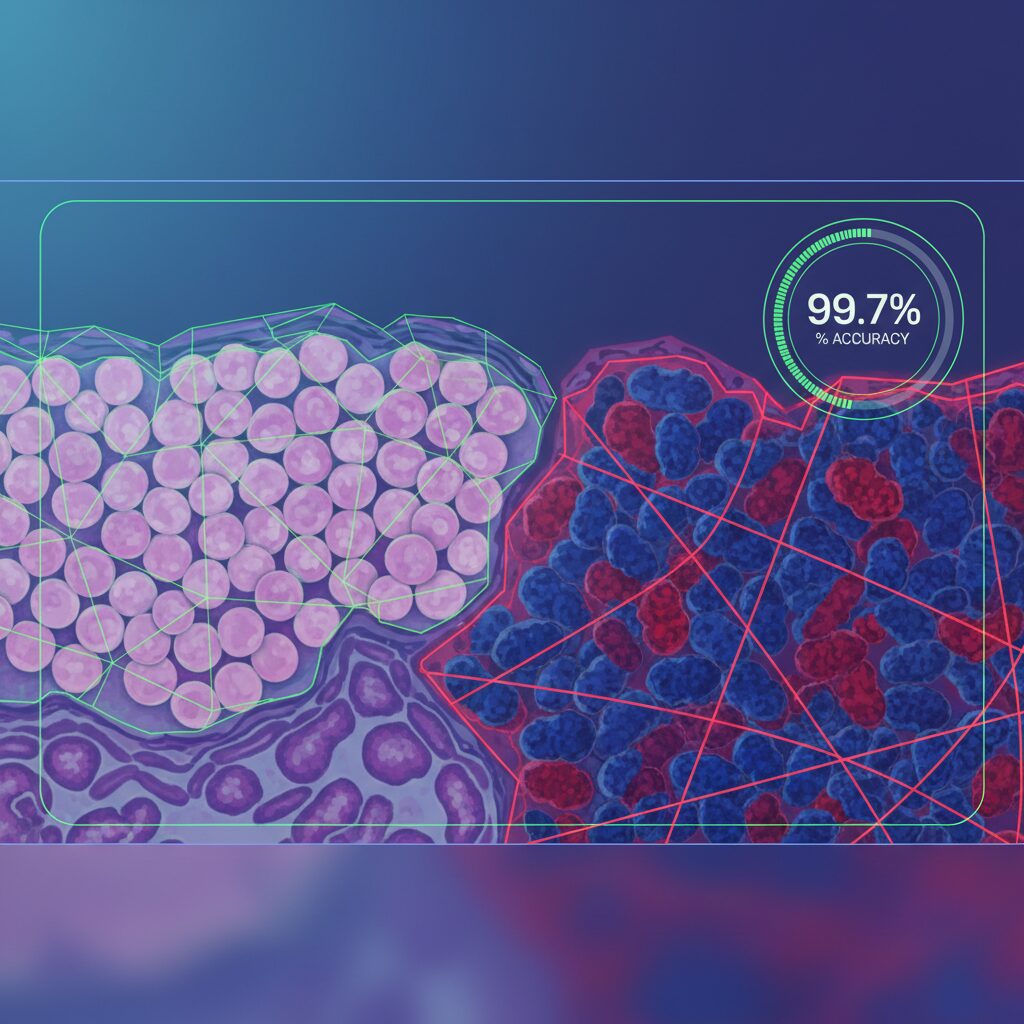 健康な細胞とがん細胞がAIオーバーレイによって明確に区別された乳房組織の顕微鏡画像。AIが99.7%の精度を示すアイコンが目立つように表示されている。科学的で精密、画期的なイメージ。
