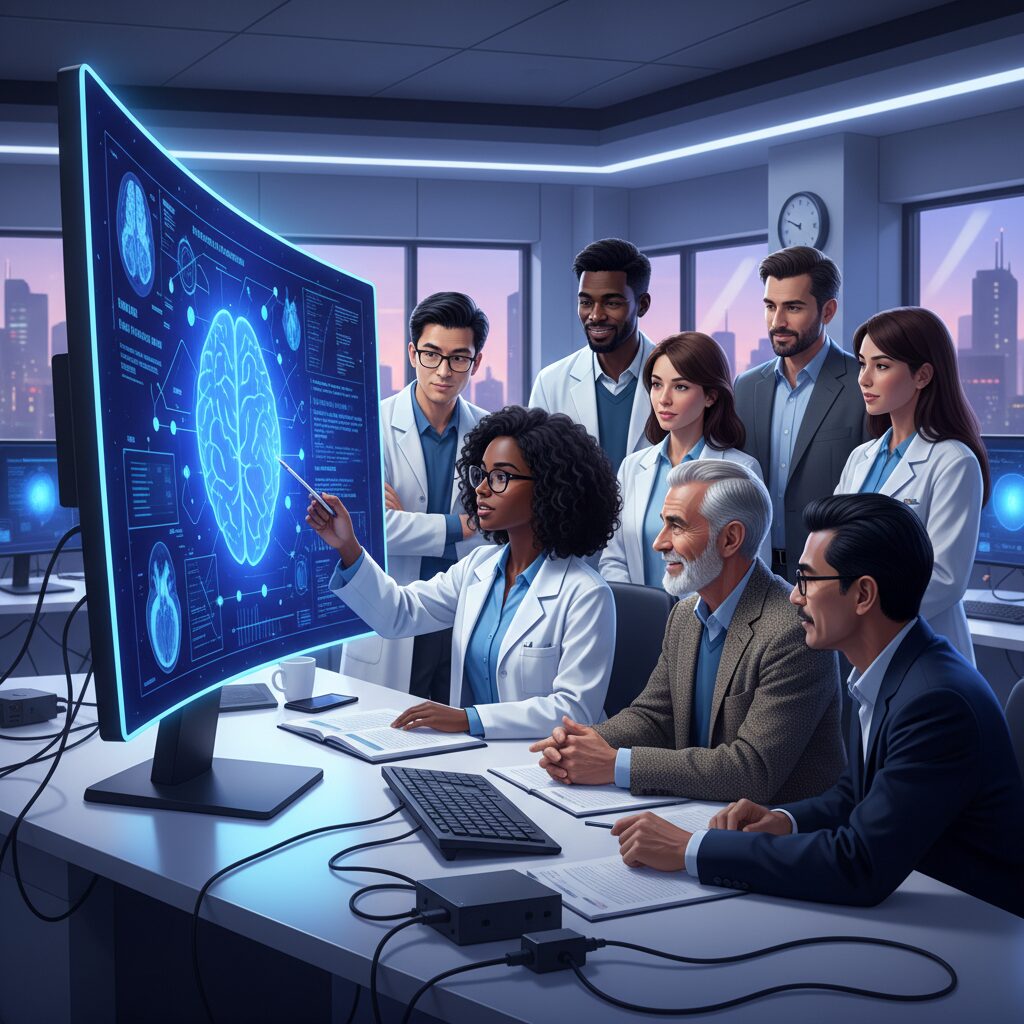 サイード・アマル教授率いる多様な研究者グループが、複雑な深層学習モデルと医療画像を表示する大型モニターを囲んで共同作業をしている様子。モダンな大学の研究室がチームワークと革新を象徴している。