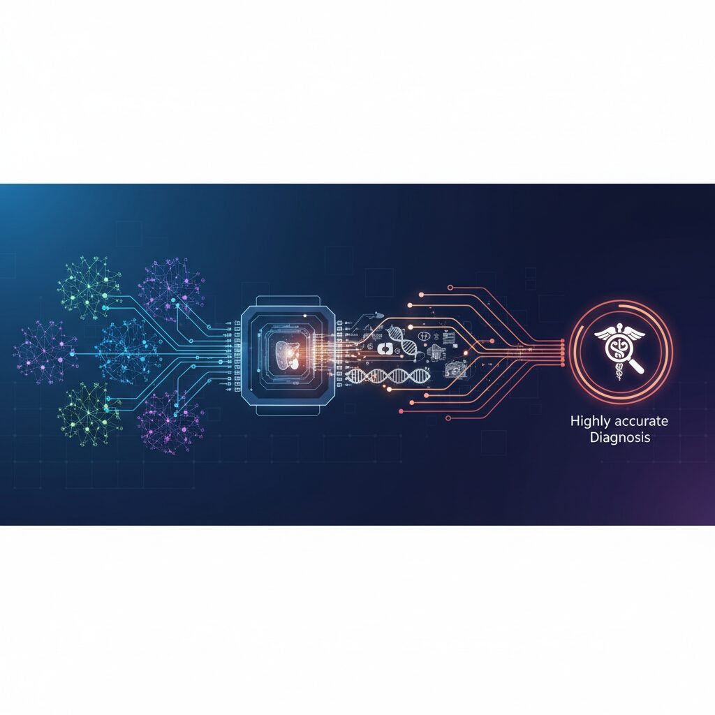 複数のニューラルネットワークが接続され医療データを処理する「アンサンブル深層学習モデル」の抽象的な視覚化。非常に正確な診断へと導く様子が、未来感と複雑さの中に明確さを持って表現されている。