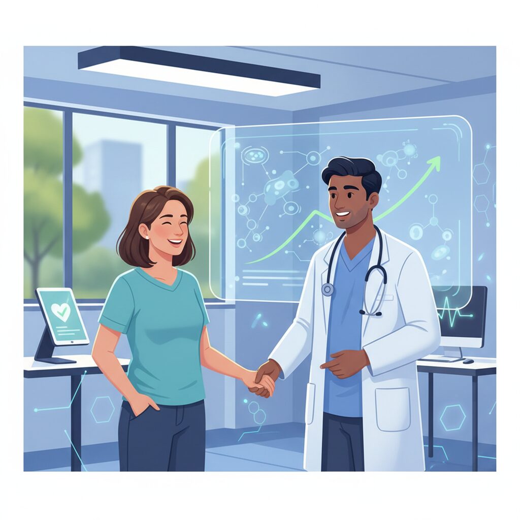 現代的で落ち着いた診療所の設定で、安心し希望に満ちた表情の患者が医師と話している。背景には先進医療技術を示唆する繊細なデジタル要素。早期発見が人にもたらす影響に焦点を当てている。