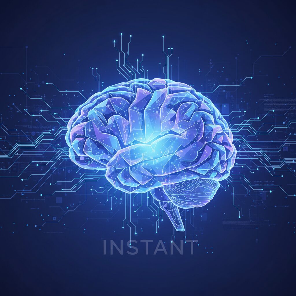 ニューラルパスウェイが光るデジタル脳。高度なAI推論と知性を象徴しており、「GPT-5.1 Instant」の文字がさりげなく組み込まれている。