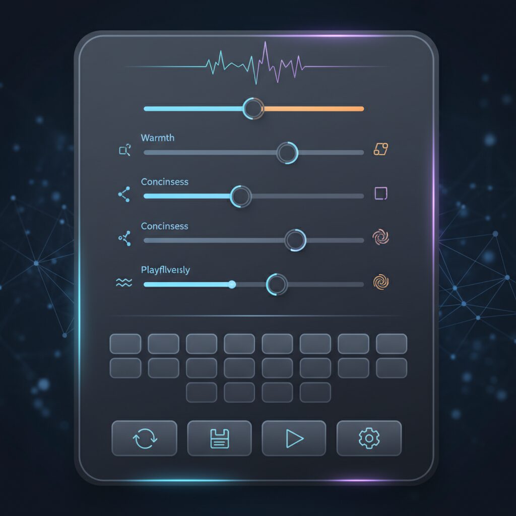 AIのパーソナリティとトーンをカスタマイズするための様々なスライダーとボタンがあるコントロールパネル。「温かさ」「簡潔さ」「遊び心」などの設定があり、GPT-5.1の新機能を反映している。