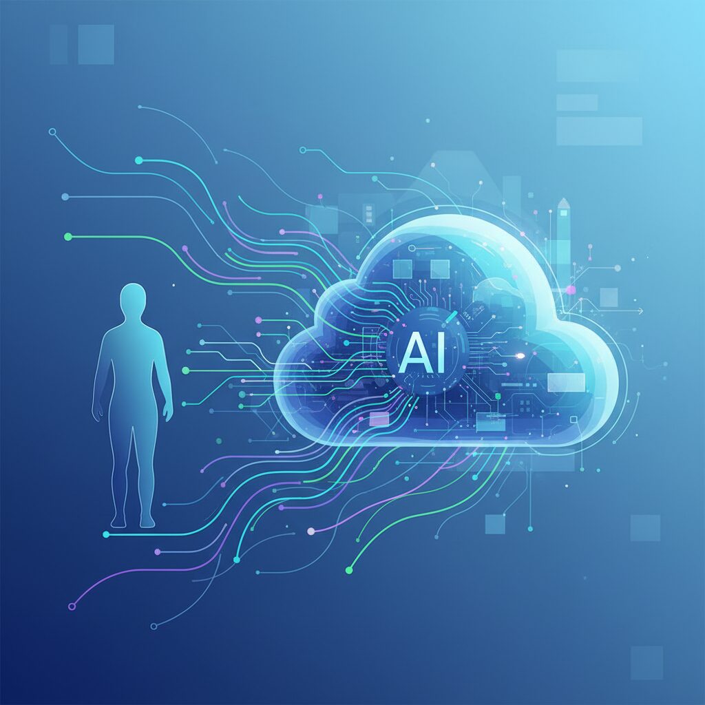 ユーザーと雲のようなAIエンティティの間をシームレスに流れるデータを様式化した描写。GPT-5.1 Autoによるルーティングと効率的な処理を表現している。