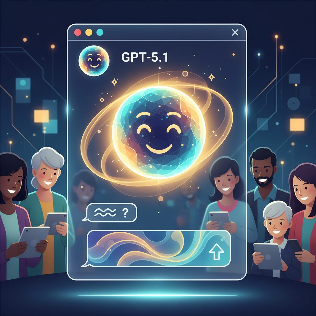 デジタルインターフェースのチャットウィンドウに表示されたGPT-5.1のクローズアップ。AIアシスタントのペルソナがユーザーの入力に基づいて表情やトーンを動的に変化させ、微かな温かさと知性のオーラを放っている。背景には、多様な人々が楽しそうにAIと対話しており、パーソナライゼーションを象徴している。