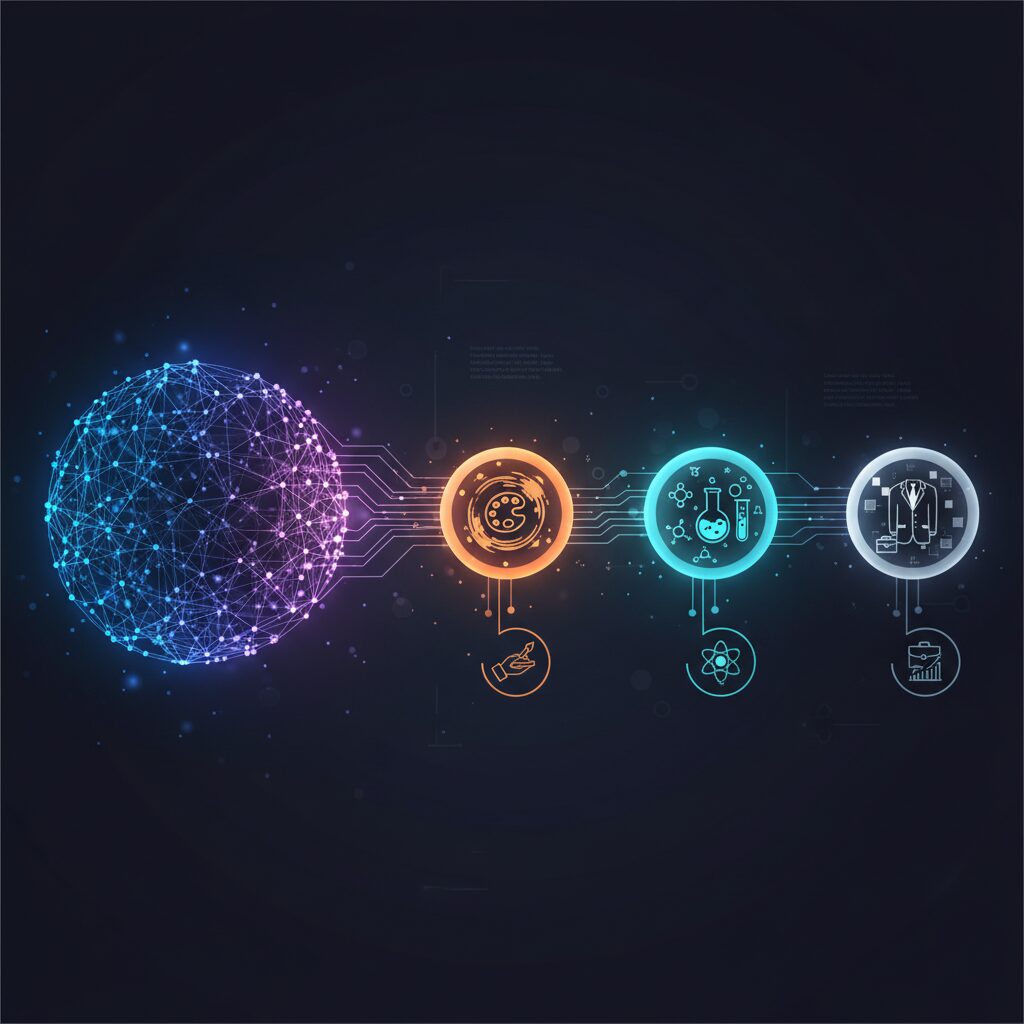 複雑な接続で光るニューラルネットワークが、汎用的な統一構造から、それぞれ「あなた専用ChatGPT」のペルソナを表す複数の個別化されたノードへと変化している。これらのノードは、独自のアイコン（例：クリエイティブな筆、科学者のビーカー、ビジネススーツ）を持つ異なるユーザーと接続されている。