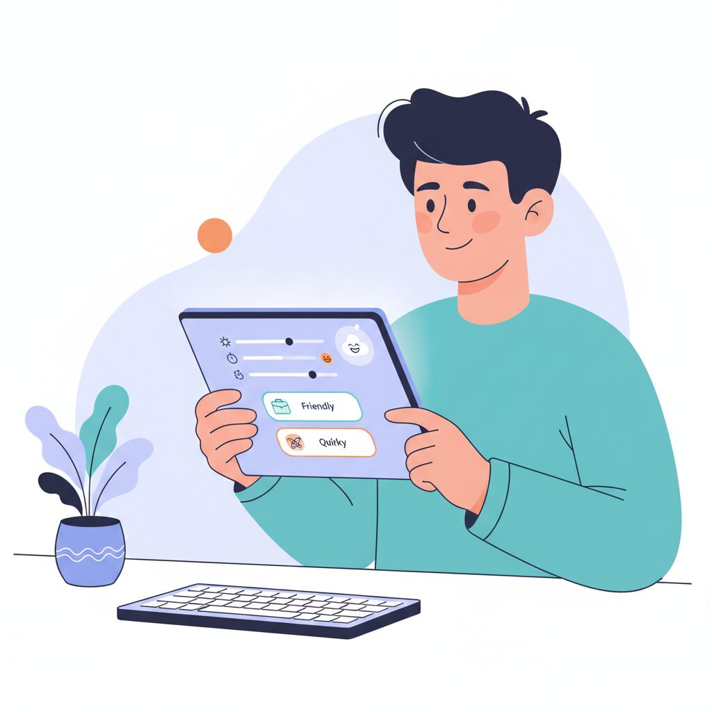 タブレットでChatGPTのパーソナリティ設定をカスタマイズしているユーザー。画面には「温かさ」「簡潔さ」「ユーモア」のスライダーと、「プロフェッショナル」「フレンドリー」「個性的」などの定義済みトーンの選択肢が表示されている。ユーザーは熱心で満足している様子。