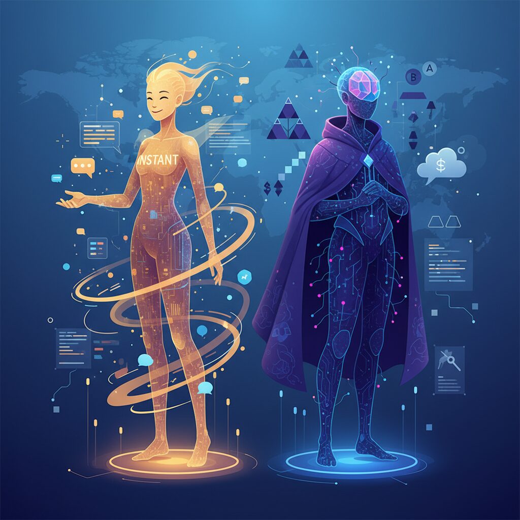 GPT-5.1 Instant（高速、温かい、会話的）とGPT-5.1 Thinking（深い、適応的推論）という2つの異なるAIペルソナが並んでいる。Instantは素早く友好的な姿で描かれ、Thinkingは思慮深く賢明な存在として描かれており、どちらもシームレスなデジタル環境の中にいる。