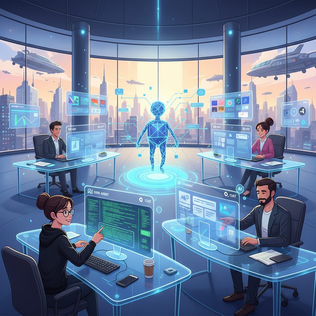 未来的なデジタルワークスペースで、多様なチームがAIと共同作業を行っている。各チームメンバーは、それぞれの役割（例：コード提案を行うプログラマー、コンテンツドラフトを作成するマーケター、画像アイデアを持つデザイナー）に合わせてパーソナライズされたChatGPTインターフェースを持ち、生産性とチームワークの向上を示している。