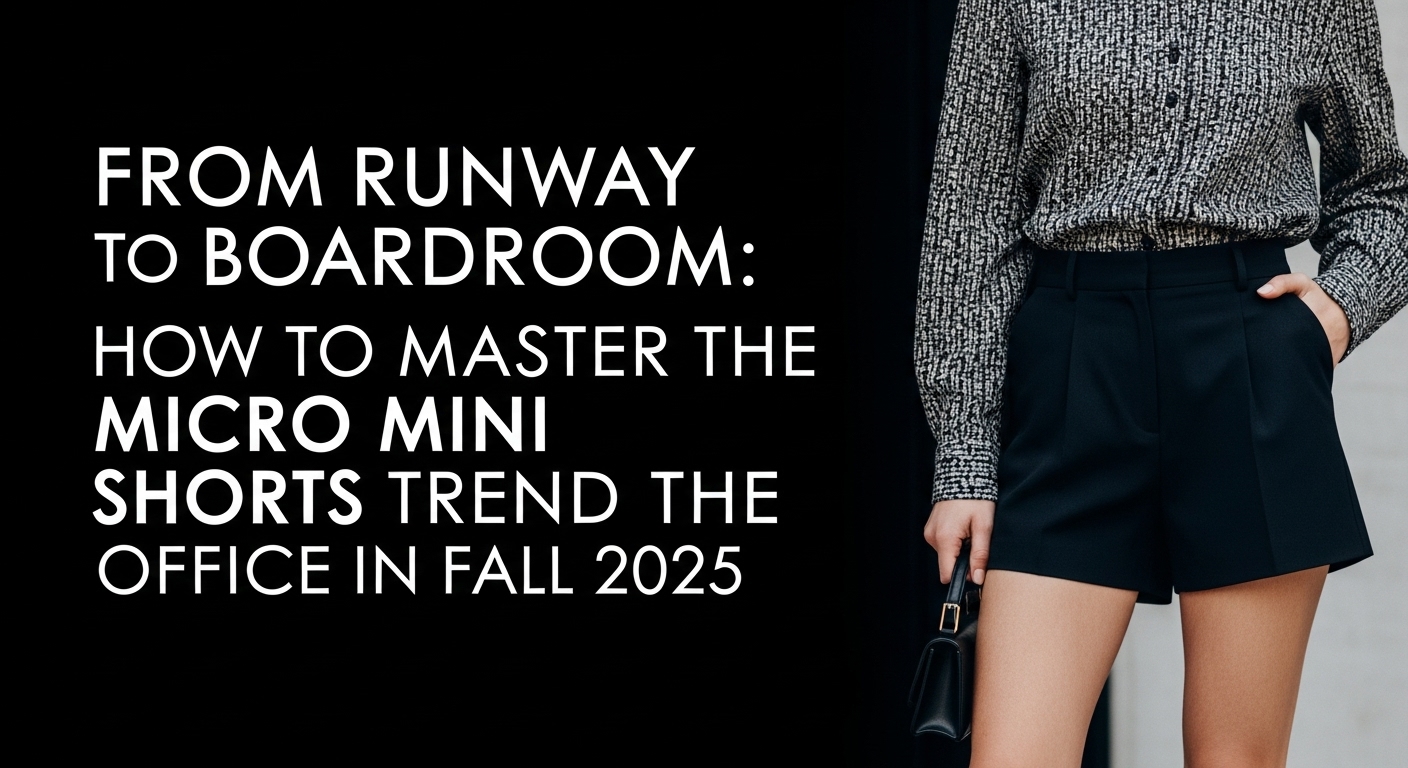 2025年秋のトレンド、グレーのマイクロミニパンツにネイビージャケットを合わせ、オフィス街を颯爽と歩くプロフェッショナルな女性