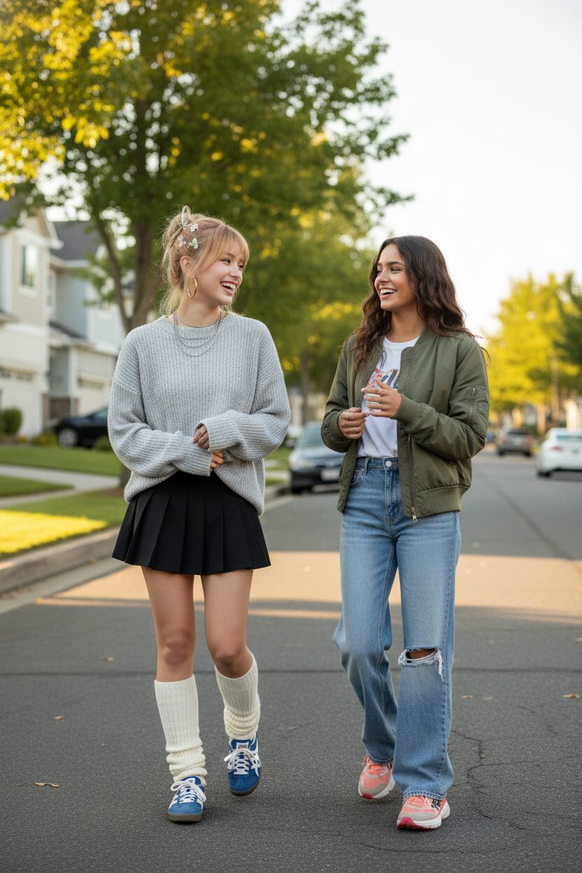 晴れた日の郊外の道を歩く二人の女子高生の自然なショット。一人はプリーツミニスカートにオーバーサイズのニット、ルーズソックスとオニツカタイガー メキシコ66を着用。もう一人はワイドデニムにチャンキーなHokaのスニーカーを合わせている。二人は楽しそうに笑いながら話しており、若々しく屈託のない雰囲気が伝わってくる。