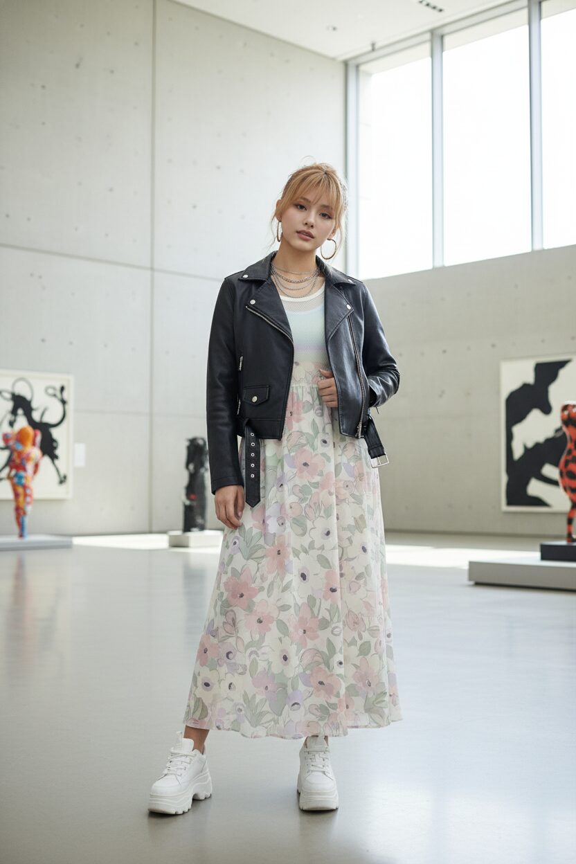 近代美術館でおしゃれな女子高生を撮影した全身ショット。彼女は花柄のマキシワンピースに黒のライダースジャケットを重ね着している。足元にはバッファローロンドンのような、大胆な白のチャンキープラットフォームスニーカー。フェミニンなドレスとエッジの効いた靴の対比が、印象的な甘辛ミックスコーデを生み出している。