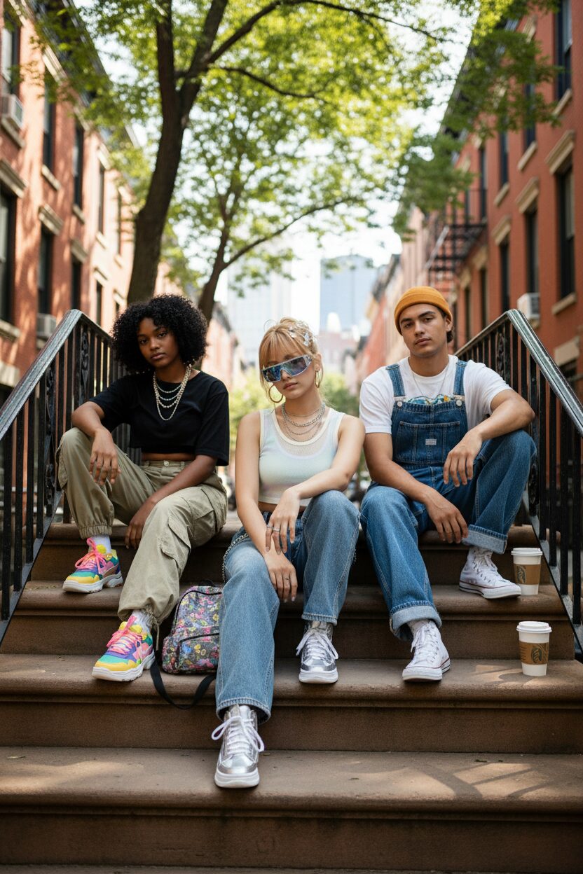 ブルックリンの歴史的な建物の階段に座る、多様な3人組の女子高生フレンズ。それぞれが異なるスニーカートレンドを披露しており、一人はメタリックシルバーのレトロスニーカー、もう一人はカラフルなチャンキーダッドシューズ、三人目はクラシックなハイトップスニーカーを履いている。彼女たちの服装はY2Kと現代のストリートウェアがミックスされている。