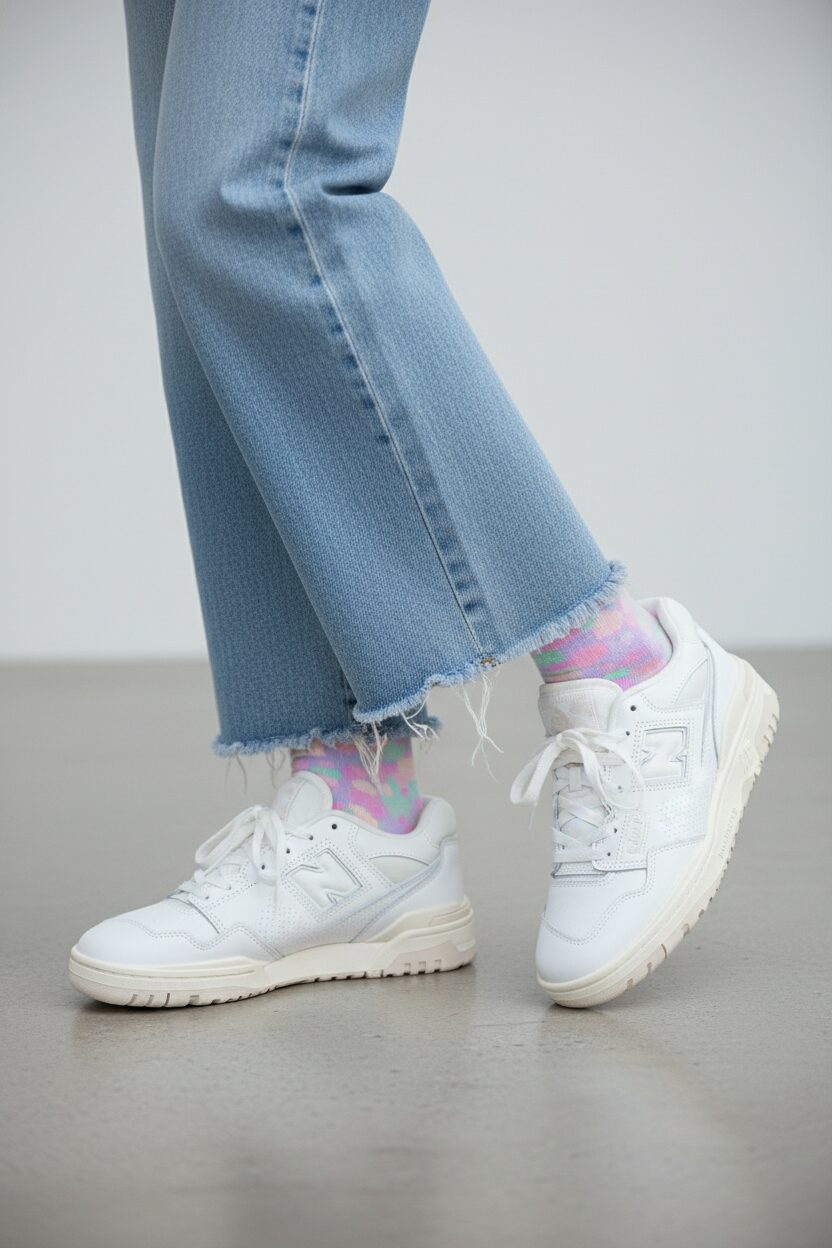 プロのファッション撮影による、足元にフォーカスしたクローズアップショット。切りっぱなしの裾が特徴的なライトウォッシュのワイドデニムに、新品同様に綺麗な白のニューバランス550を合わせ、パステルカラーの可愛い靴下がちらりと見えている。背景はクリーンでミニマルなスタジオで、靴とスタイリングのディテールを際立たせている。