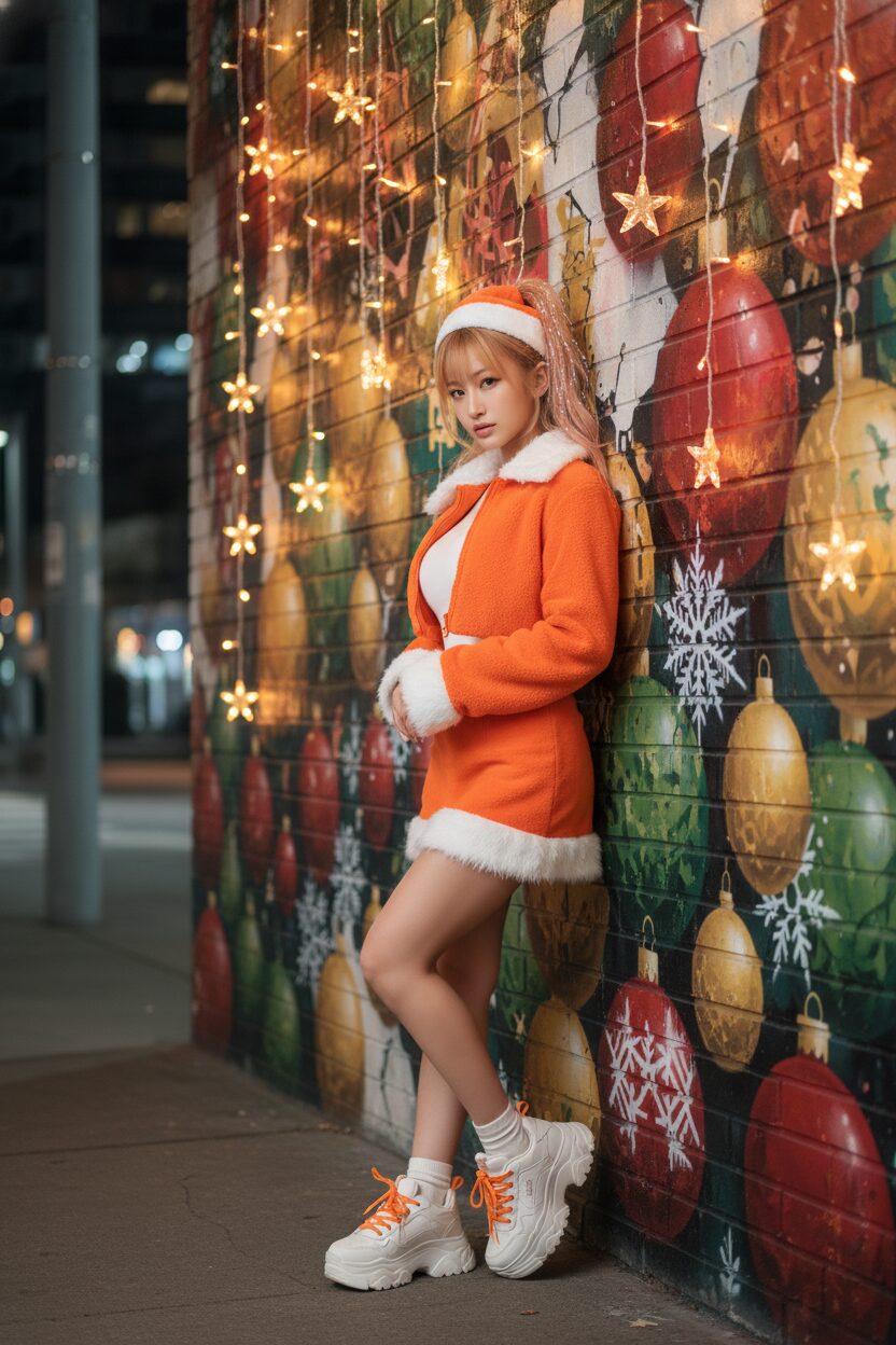 オレンジ色のストリートスタイルなサンタ衣装を着こなす、自信に満ちた表情の若い日本人女性。クロップド丈のジャケットとミニスカートに、ごつめのスニーカーを合わせている。グラフィティアートが描かれた壁の前で、都会的なクリスマスイルミネーションが背景に見える全身写真。