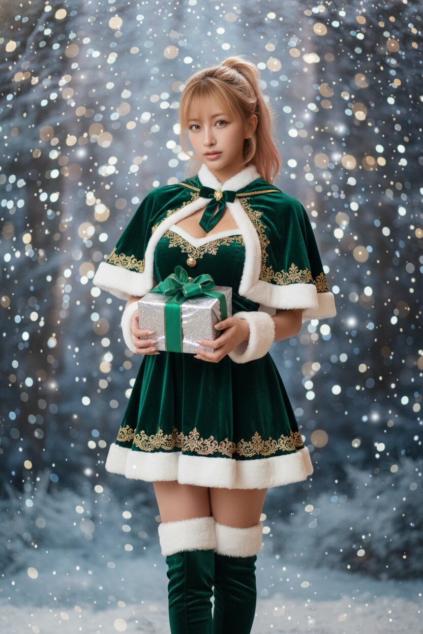ゴールドの縁取りが施されたエメラルドグリーンの豪華なサンタ衣装と短いケープをまとった、上品な若い日本人女性。キラキラと輝く雪の結晶のイルミネーションを背景に、プレゼントの箱を手に持ち、落ち着いたポーズをとっている全身写真。