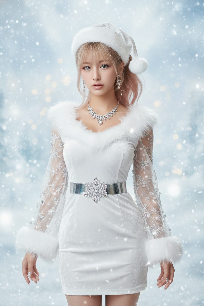 まるで雪の女王のような、白いサンタ衣装を身にまとった幻想的な雰囲気の若い日本人女性。衣装は透け感のあるレースの袖とシルバーのファーが特徴で、クリスタルのアクセサリーと氷のようなメイクが施されている。輝く雪景色を背景にした全身写真。