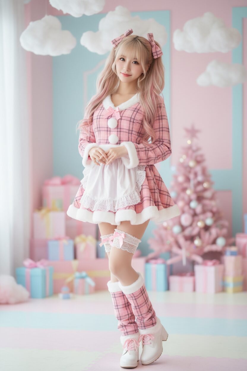 長いツインテールが可愛らしい若い日本人女性が、フリルのミニスカートと白いレースのエプロンが付いた、ガーリーなピンクチェック柄のサンタ衣装を着ている。パステルカラーの夢のような部屋で、キュートなポーズをとる全身写真。