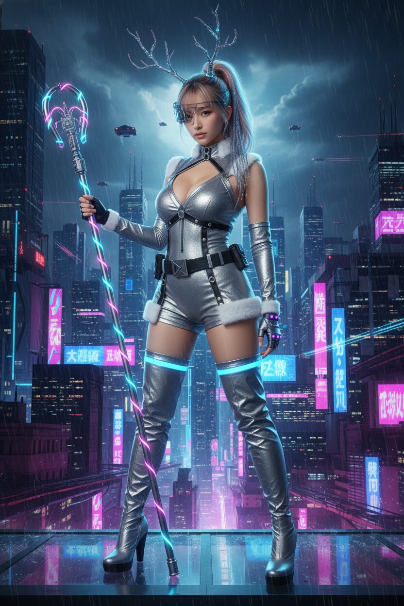 メタリックシルバーの近未来的なサンタ衣装を着た若い日本人女性。クロームのディテールやサイバーなアクセサリーを身につけ、鮮やかなネオンが光るSF的な都市の夜景を背景に、ミステリアスな雰囲気で立っている全身写真。