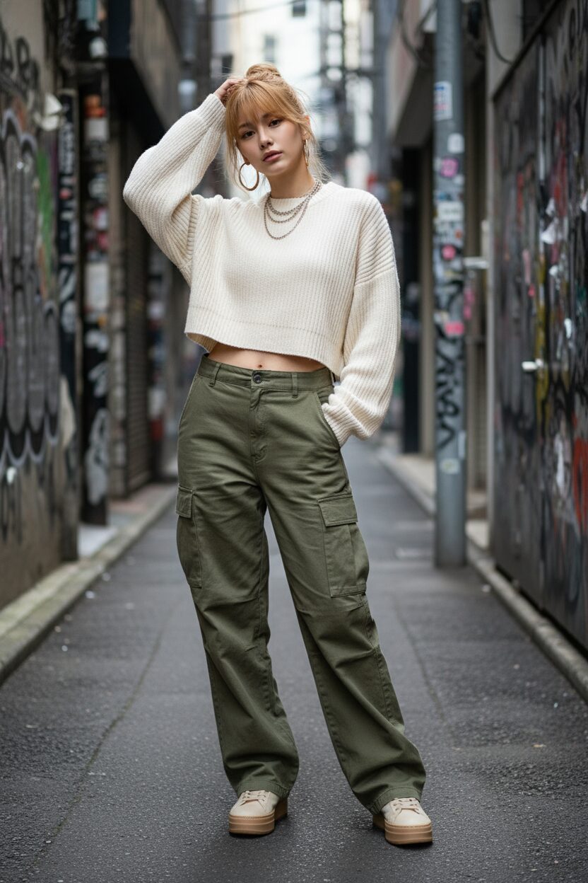 原宿の裏路地でポーズをとる、クリーム色のクロップド丈チャンキーニットとハイウエストのカーキ色カーゴパンツを合わせた日本人女性。ストリートスタイルのファッション写真。