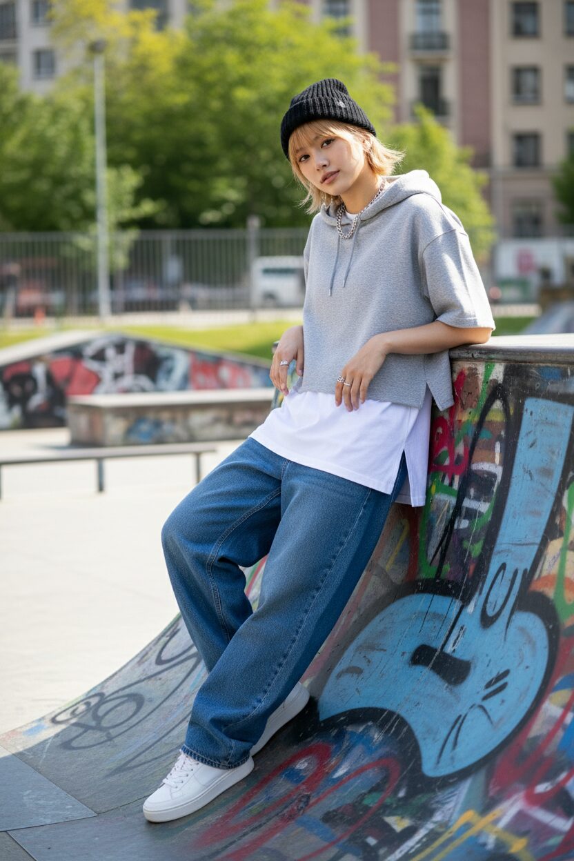スケートパークで、ヘザーグレーのショート丈パーカーとローライズのバギージーンズを合わせたおしゃれなアジア人女性。自然光の下で撮影された、エネルギッシュなストリートスナップ。