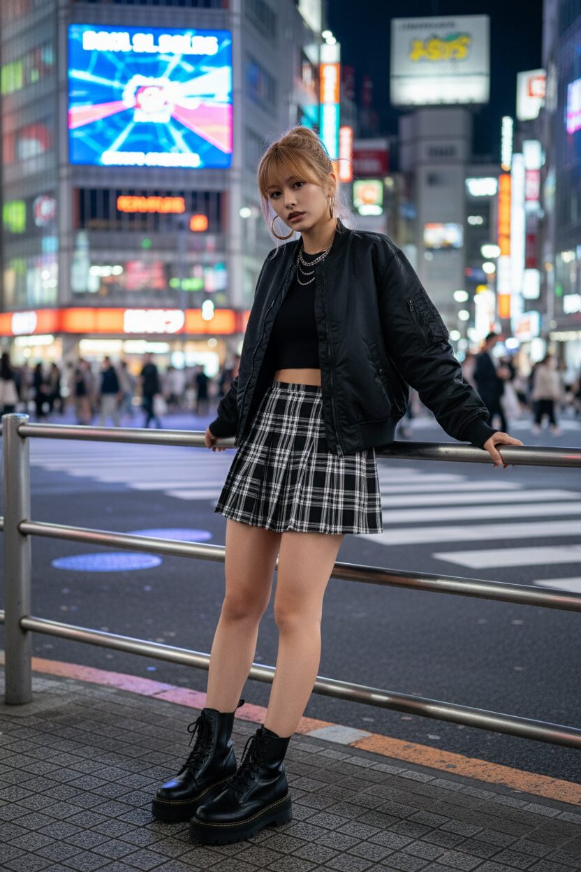 夜の渋谷、ネオンの光を背景に立つ日本人モデル。光沢のある黒いショート丈ボンバージャケットに、チェック柄のプリーツミニスカートと厚底ブーツを合わせたクールなスタイリング。