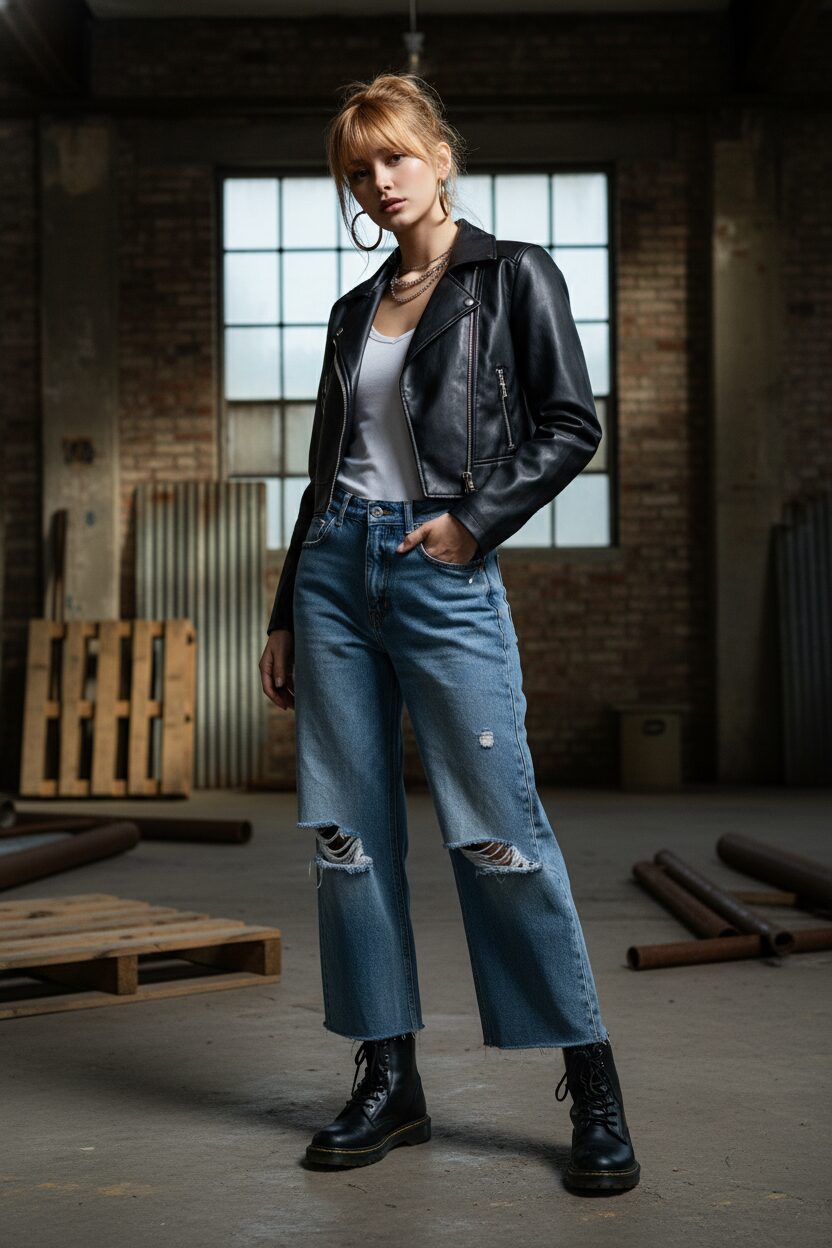 インダストリアルな雰囲気の倉庫に立つ、エッジの効いたスタイルの女性。黒のフェイクレザー製クロップドジャケット、白のキャミソール、ワイドなダメージジーンズを着用。光と影のコントラストがドラマチックな一枚。