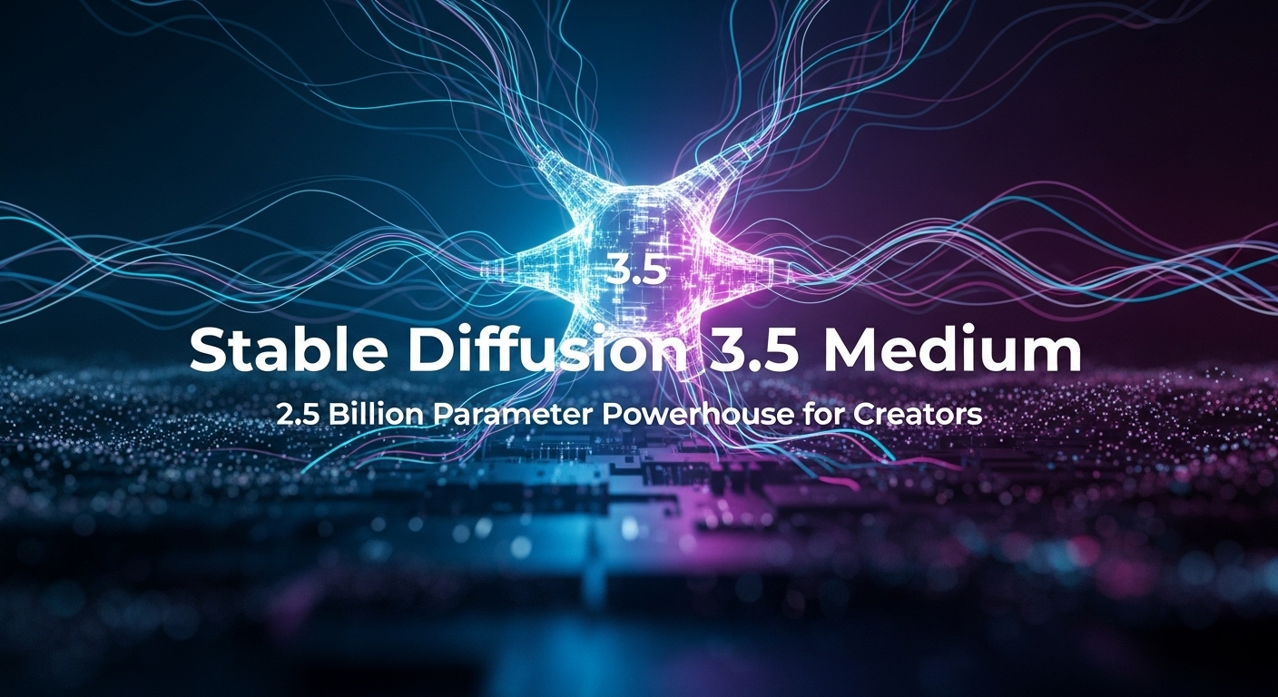 鮮やかな色彩で描かれた、未来的なAIが生成したデジタルアートの風景。中央に「Stable Diffusion 3.5 Medium」のロゴが輝いている。