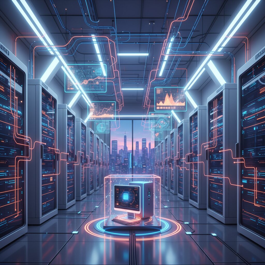 輝くサーバーが並ぶ未来的なデータセンター。強力なAIモデルの処理能力を象徴し、コンシューマーハードウェアでの効率性とアクセス性を強調している。