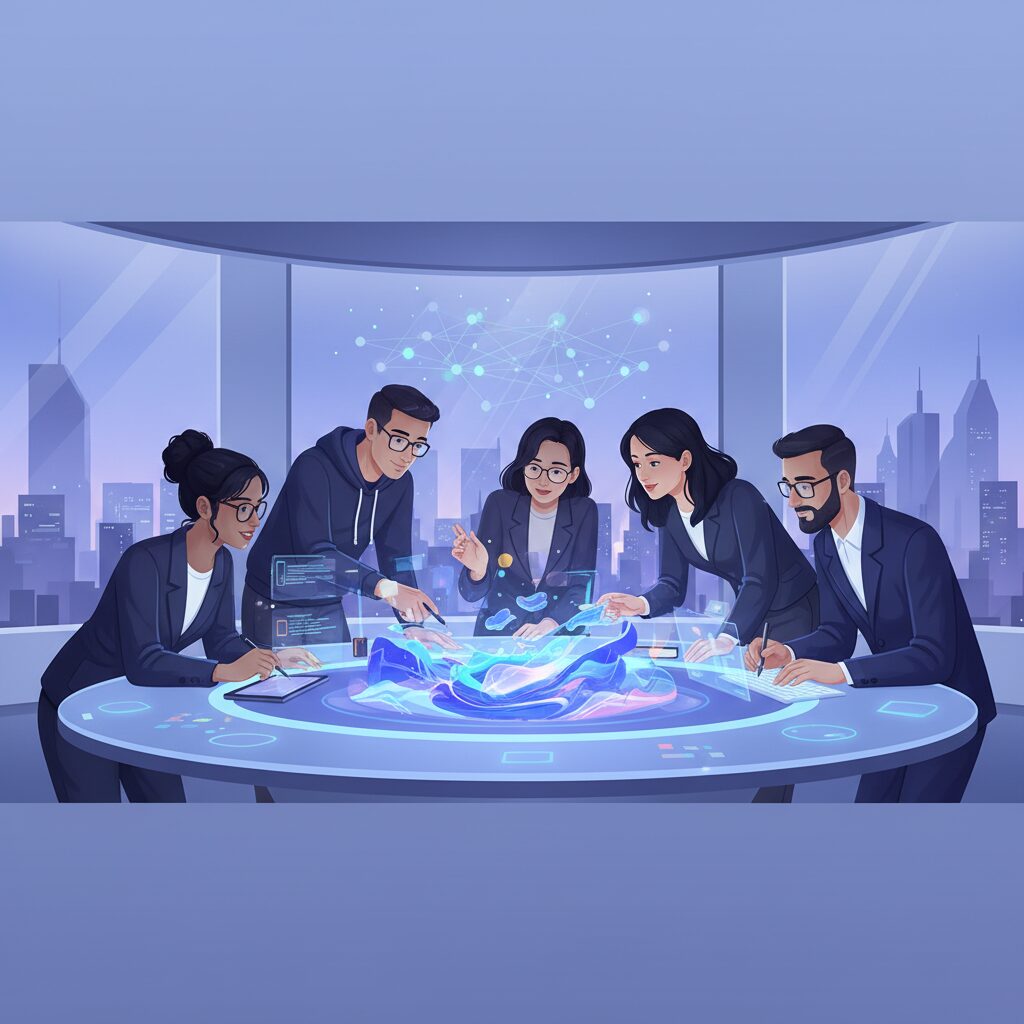 多様なクリエイター（アーティスト、デザイナー、開発者）が、AIが生成した画像のホログラフィックな投影を囲んで協力している様子。Stable Diffusion 3.5 Mediumの多用途性とオープンソースの性質を示している。