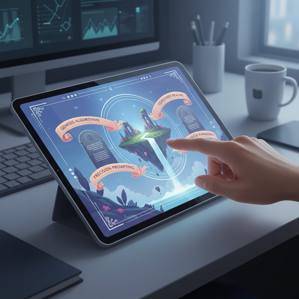 タブレットを操作する人間の手。タブレットには、プロンプトに忠実で文字が正確に表現されたAI生成画像が表示されており、プロンプトの順守とタイポグラフィの向上を強調している。