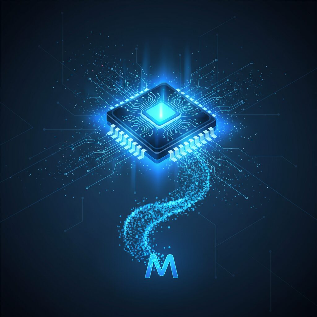 青い光を放つGPUチップ。Stable Diffusion 3.5 Mediumのコンシューマーハードウェアにおける効率的なパフォーマンスと低いVRAM要件を表現している。