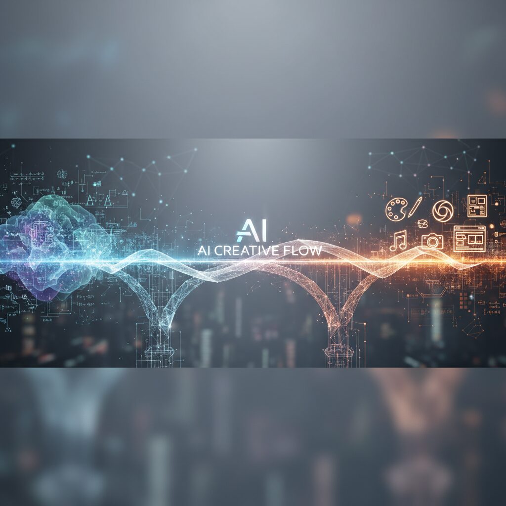 複雑なAI研究と日常のクリエイティブツールを結ぶ橋の比喩的な画像。橋には「Stable Diffusion 3.5 Medium」と書かれている。