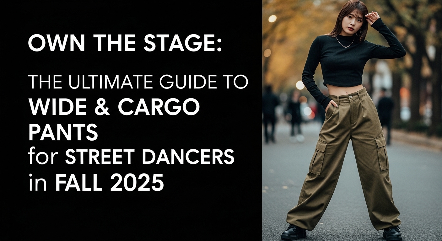 秋の夕暮れのストリートで、最新のワイドカーゴパンツとクロップド丈のトップスを着てポーズをとる日本人女性ストリートダンサー