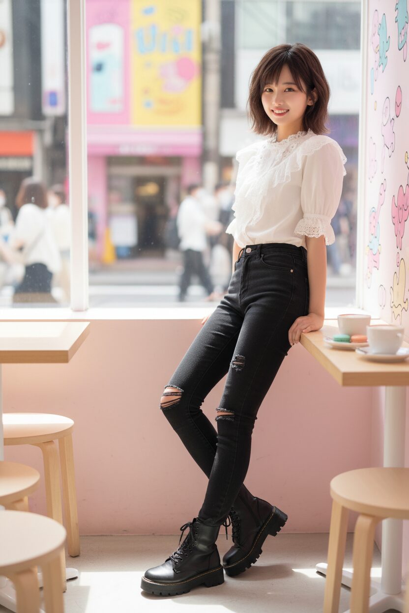 白いフリルブラウスに黒のスキニージーンズ、ごつめの黒いブーツを合わせた10代の日本人女性。東京・原宿のおしゃれなカフェでポーズをとっており、甘さと辛さが見事にミックスされている。