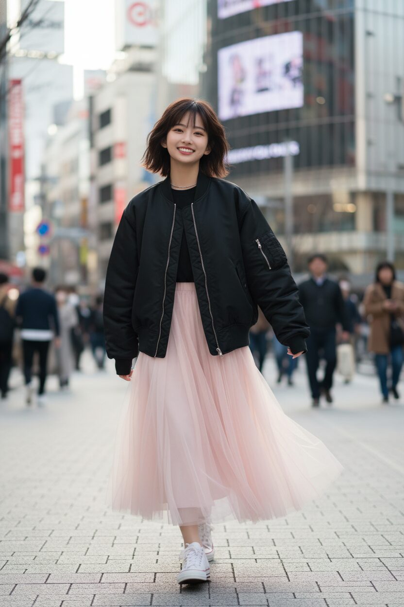 ライトピンクのロングチュールスカートに、オーバーサイズの黒いMA-1ジャケットと白のスニーカーをコーディネートした10代の日本人女性。東京・渋谷のストリートを笑顔で歩いている全身ショット。プロのファッション撮影のような、動きのあるポーズと自然な午後の光が印象的。