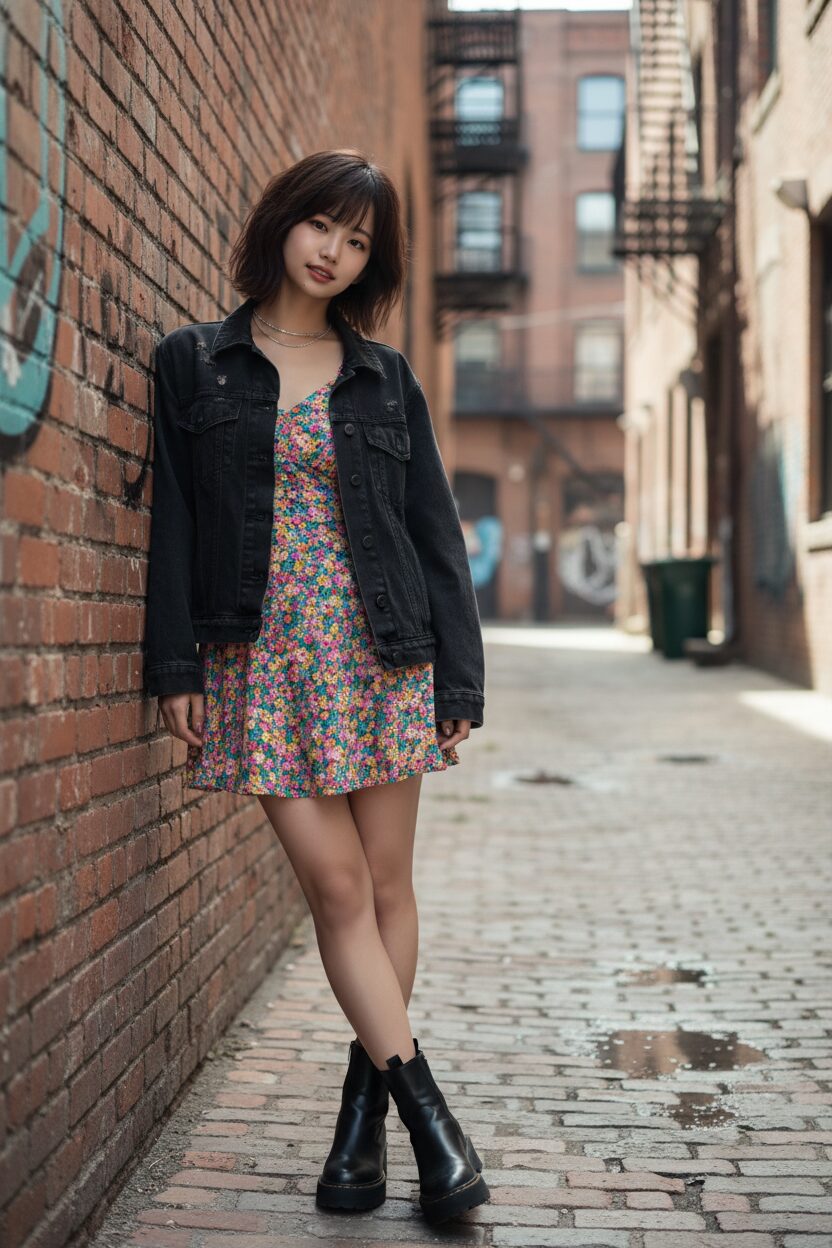 花柄のミニワンピースに、色あせた黒のデニムジャケットを羽織ったおしゃれな10代の日本人女性。シルバーのチェーンネックレスと黒の厚底ブーツを合わせ、都会的な路地のレンガの壁に寄りかかっている。